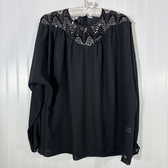 rhoda lee Tops - Vtg 80s Blouse Sz 18 Black Sequin Sheer Union Label Flowy Going Out Top Retro
